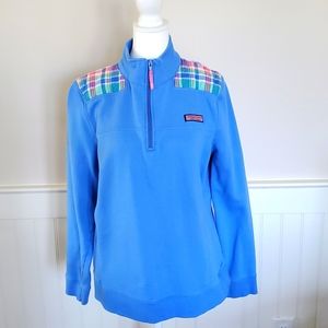 Shep shirt with plaid shoulders.